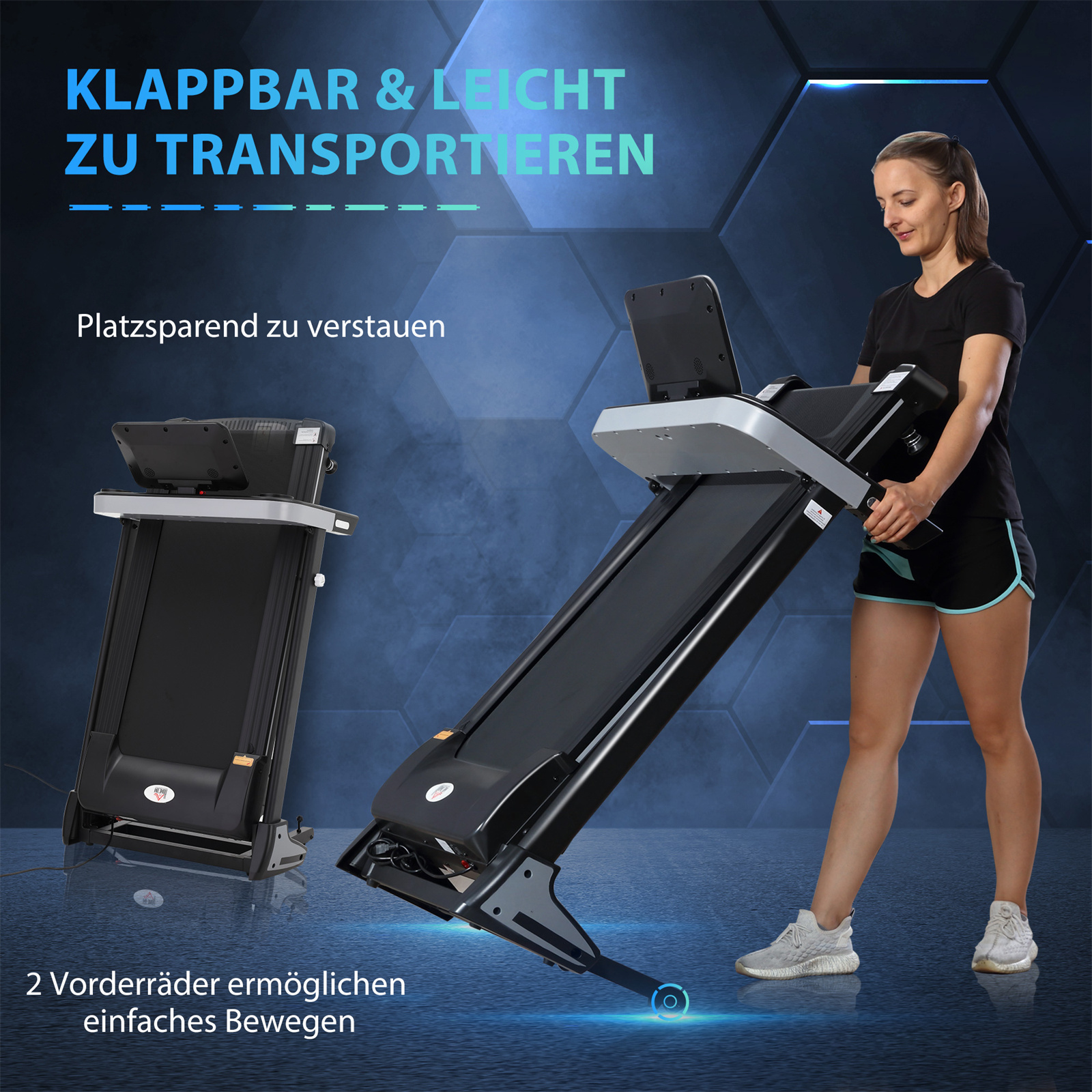 Frau mit einem zusammenklappbaren Laufband. Text im Hintergrund. Blau und Grau.