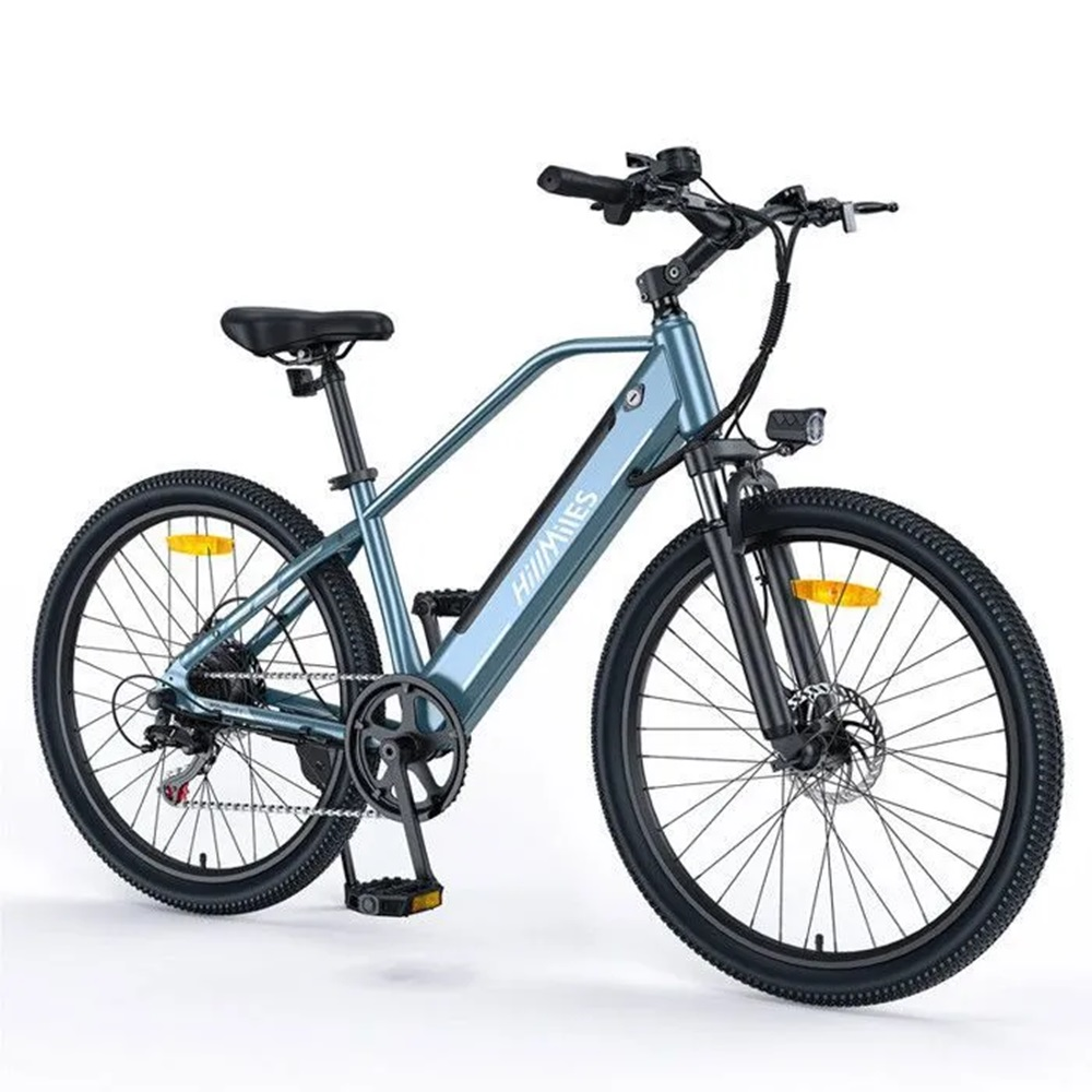 Blaues und schwarzes Elektrofahrrad, von der Seite gesehen. Es hat einen schwarzen Sattel und Reifen.