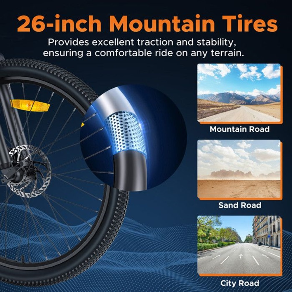 Ein 26-Zoll-Mountainbike-Reifen. Zeigt Reifen mit drei Straßenbeispielen: Berg, Sand und Stadt.