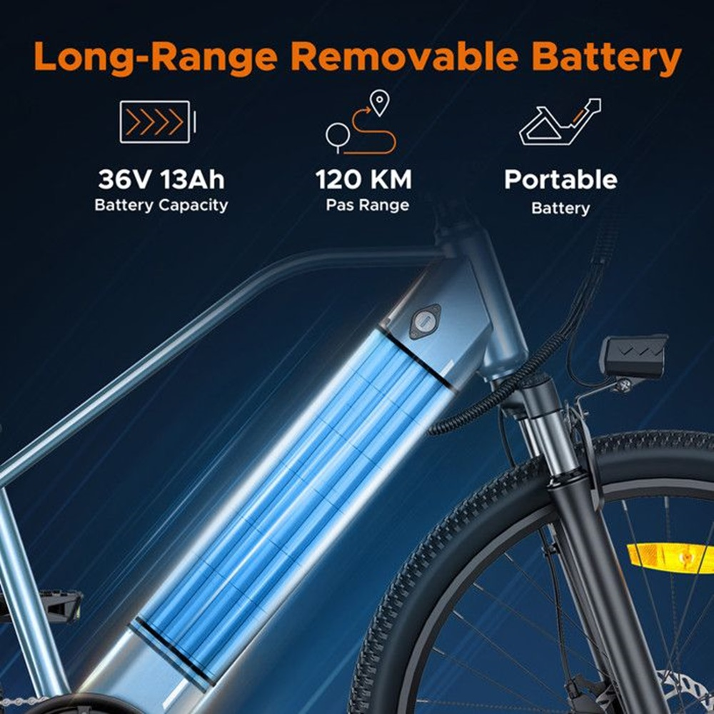Blauer E-Bike-Akku mit großer Reichweite und herausnehmbaren Batterie-Funktionen.