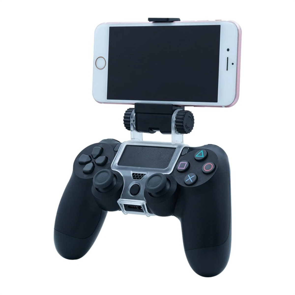 Ein schwarzer Gamecontroller mit einem Telefon, weißer Hintergrund.