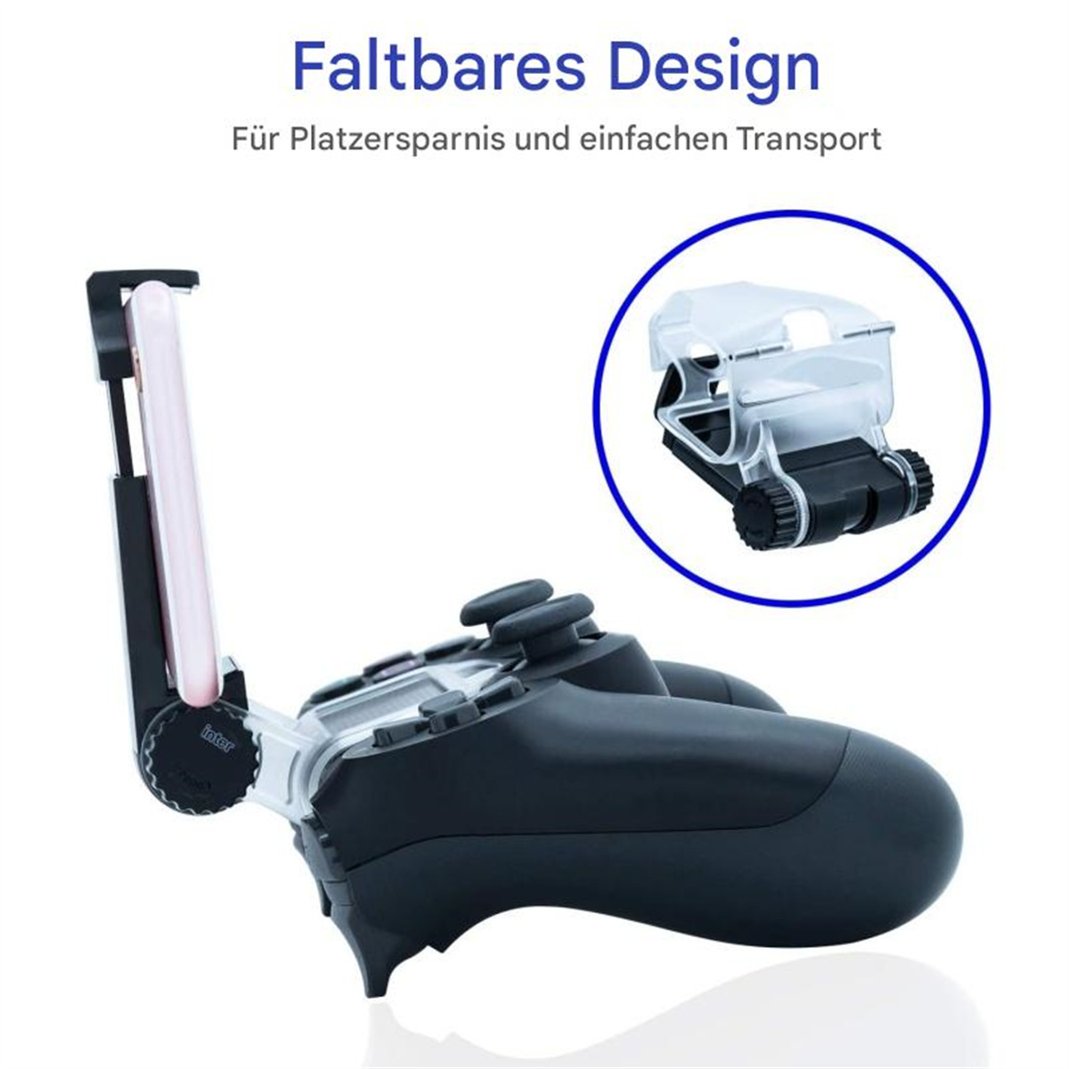 Ein schwarzer und grauer Gamecontroller mit Telefonhalter und separatem gefaltetem Halter.