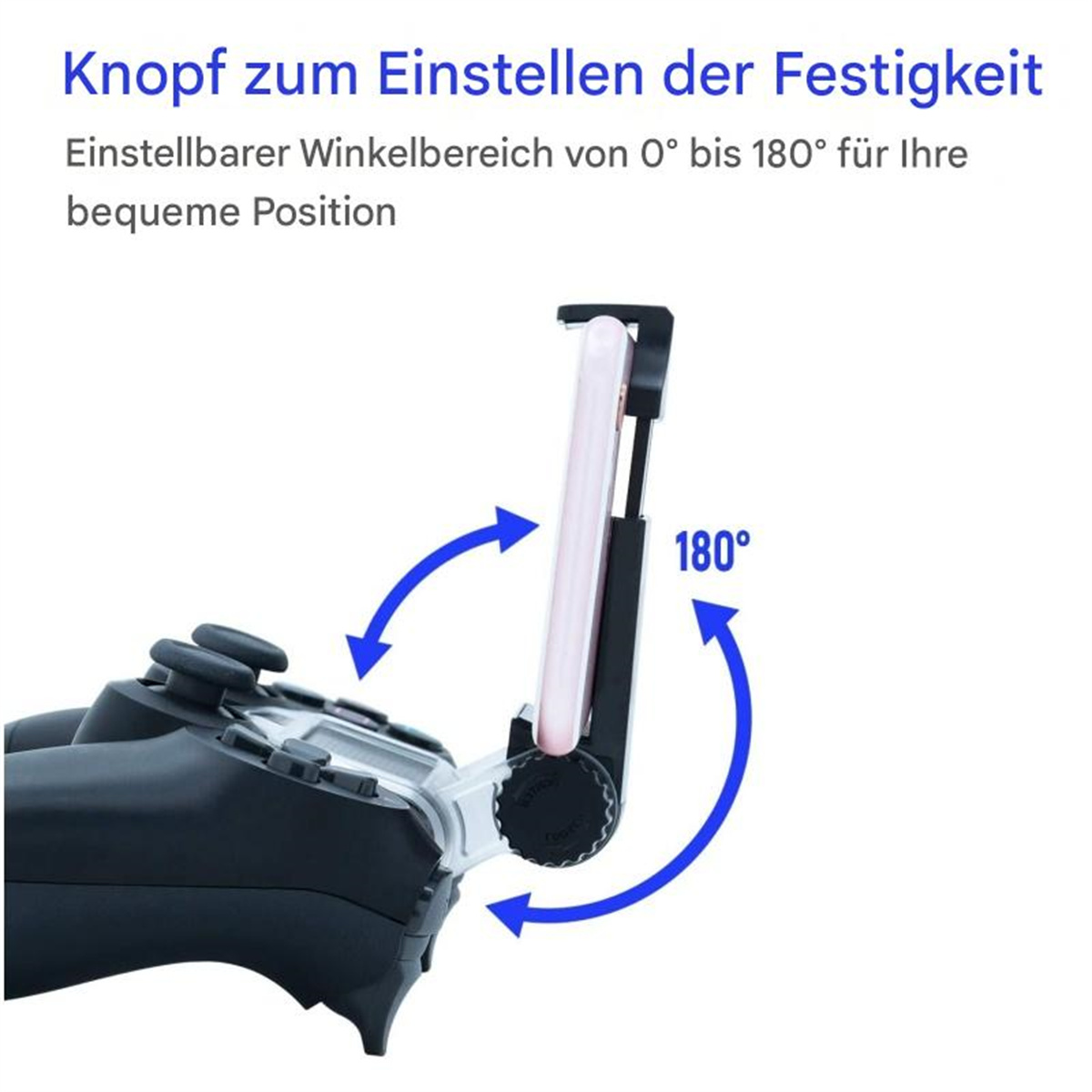 Ein Telefon in einem Controller, mit einem 180-Grad-Pfeil und dem Text 'Knopf zum Einstellen der Festigkeit'.
