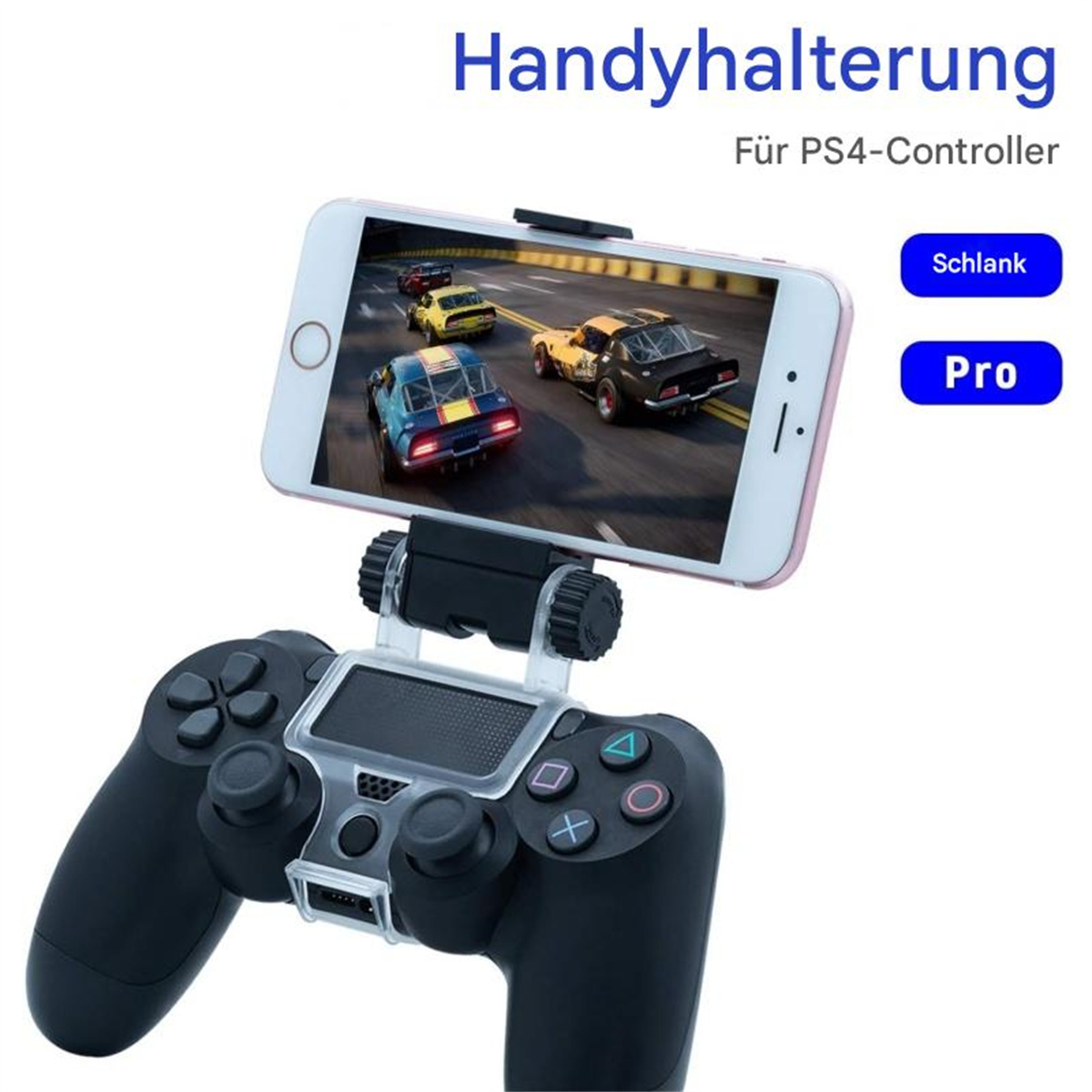Telefon auf Controller mit Rennspielbildschirm.
