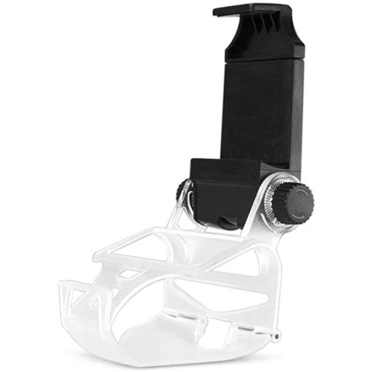 Ein weißer und klarer Telefonhalter mit einem schwarzen Telefonhalter.