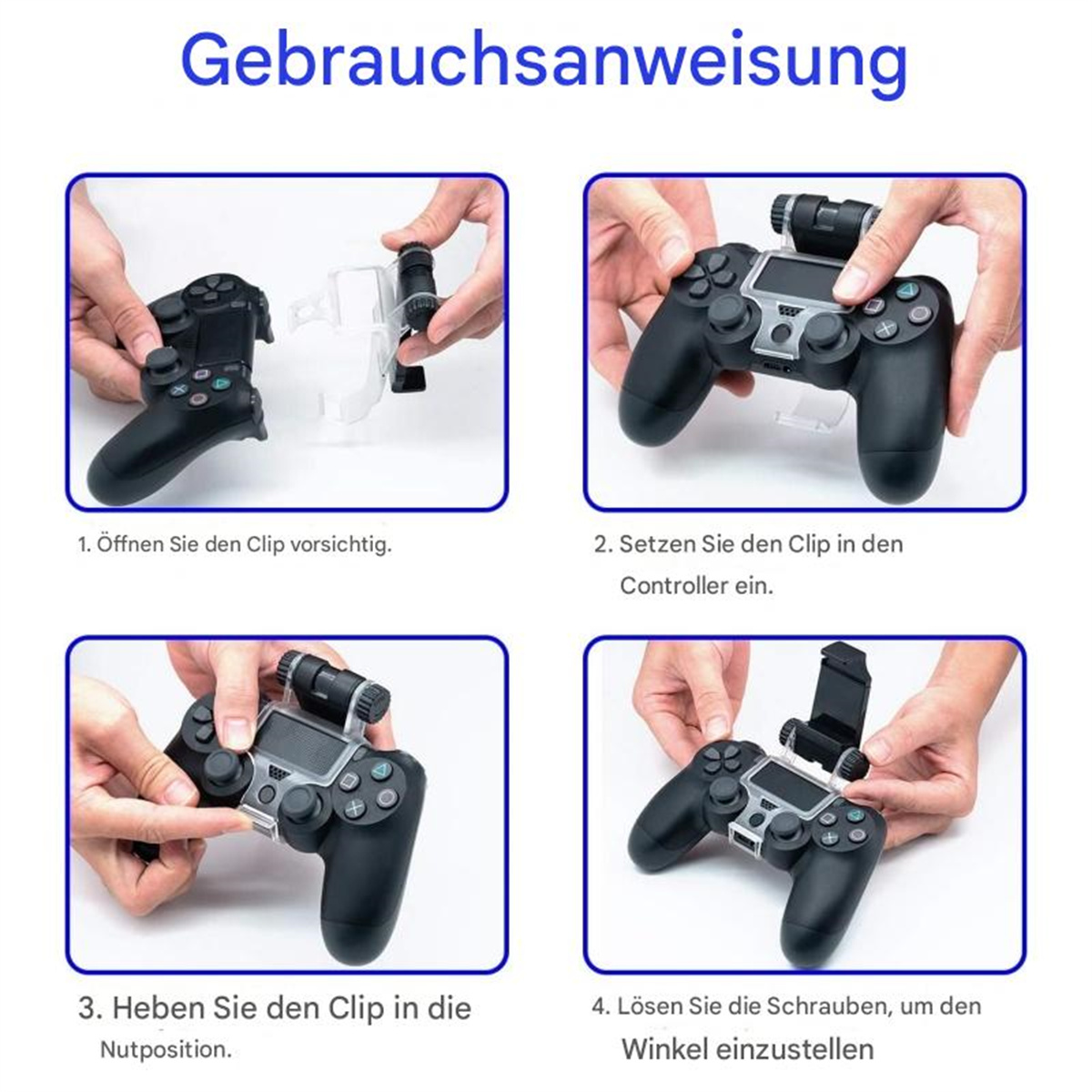 Vier Bilder, die den Vorgang des Anbringens eines Clips und eines Telefonhalters an einem Controller zeigen.
