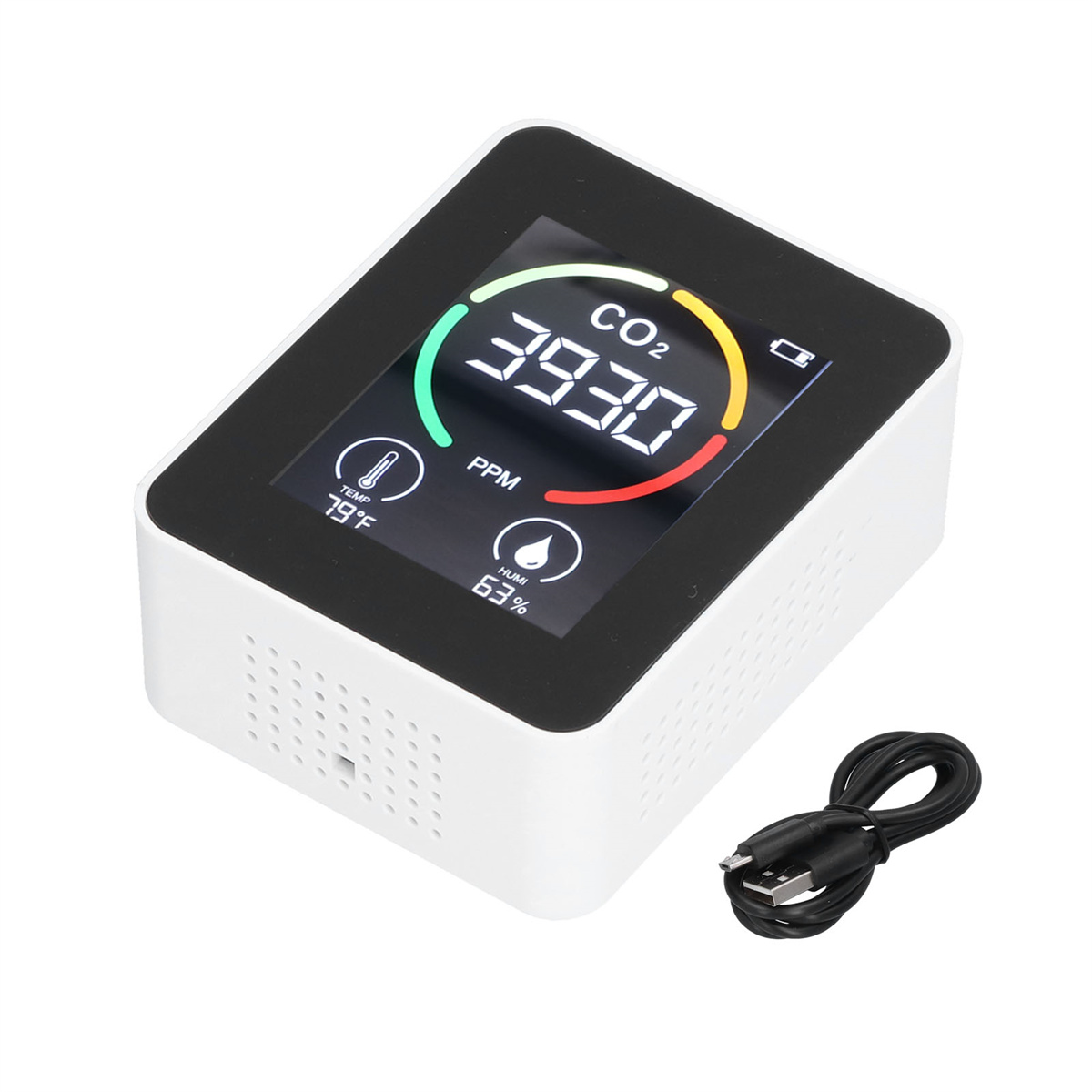 Ein weißer Luftqualitätsmonitor, der CO2-Wert, Temperatur und Luftfeuchtigkeit anzeigt.