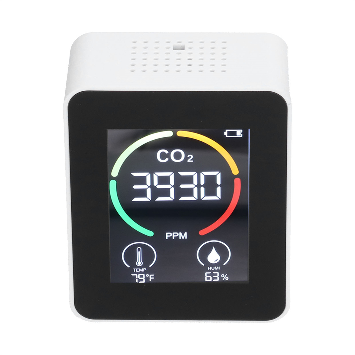 Digitaler CO2-Monitor mit Anzeige von CO2-Pegel, Temperatur und Luftfeuchtigkeit.