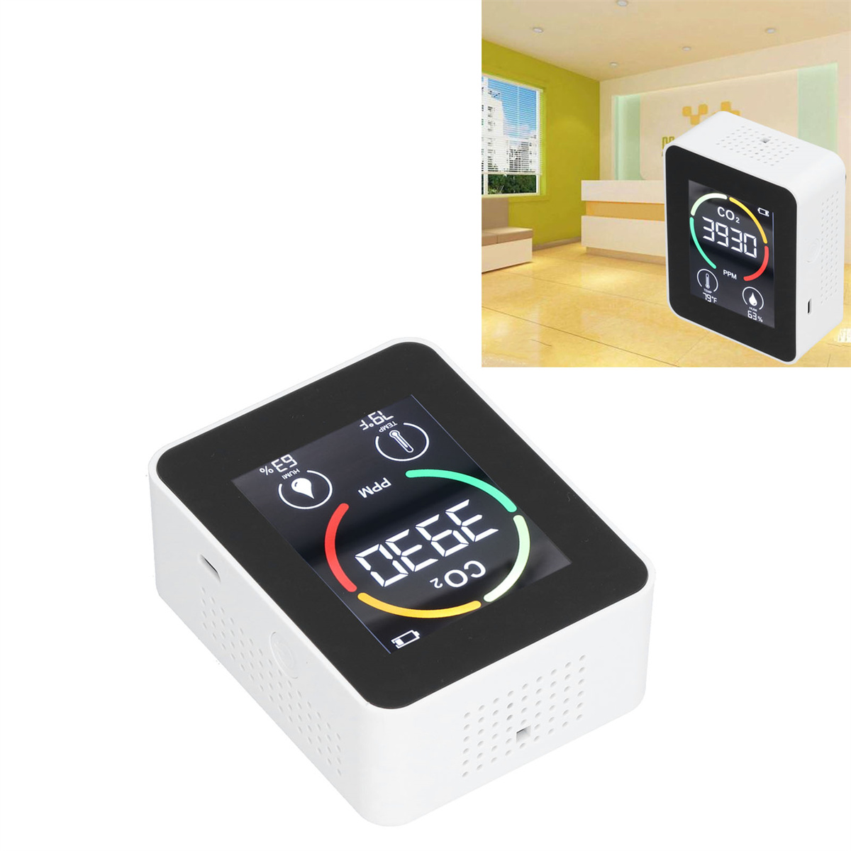 Digitaler CO2-Monitor zeigt Messwerte an. Das Display zeigt PPM, Temperatur, Luftfeuchtigkeit und Batteriestand.