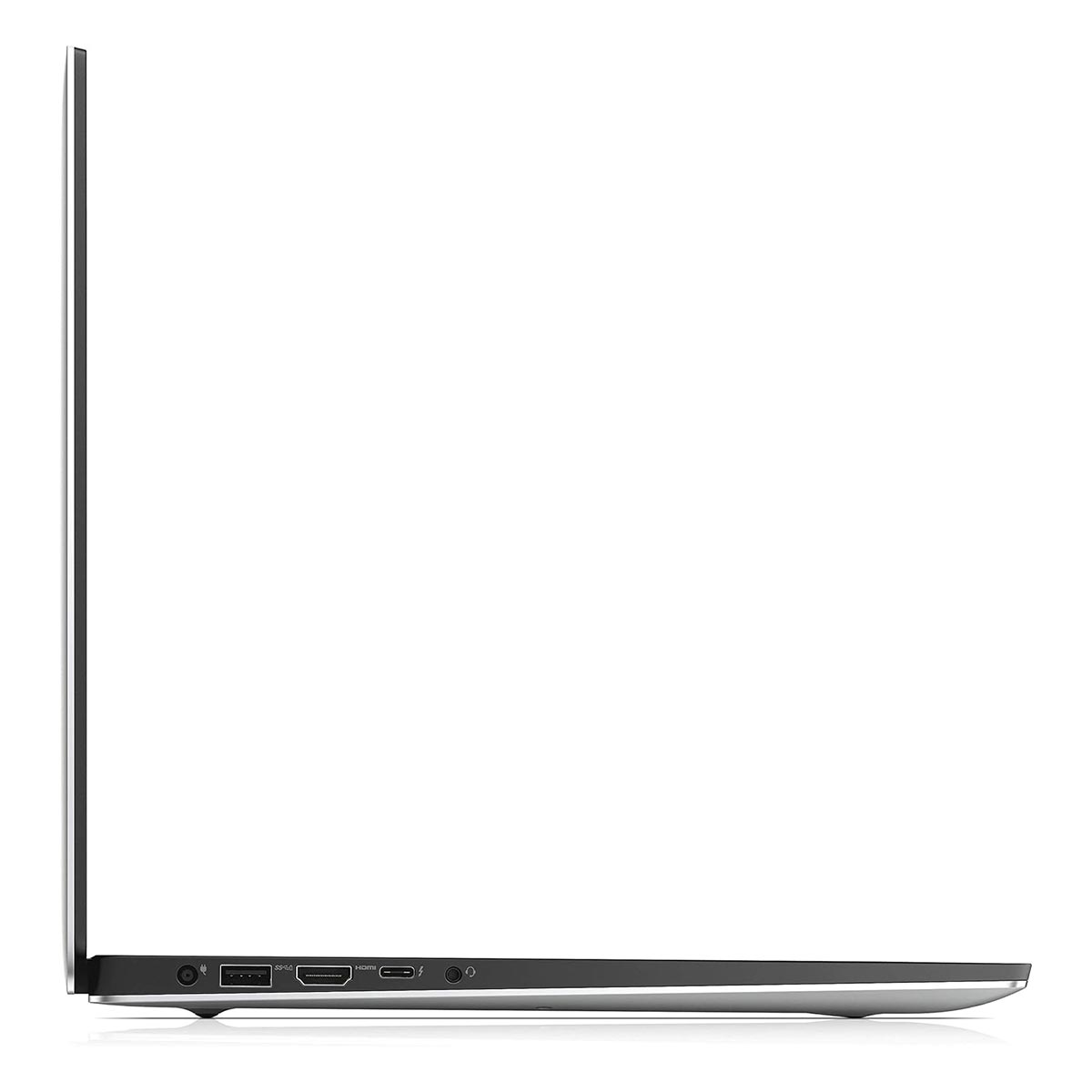 Widok z boku laptopa. Jest czarny i ma porty. Tło jest białe.