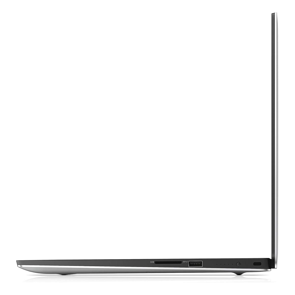 Widok z boku cienkiego, srebrnego laptopa z portami z boku.