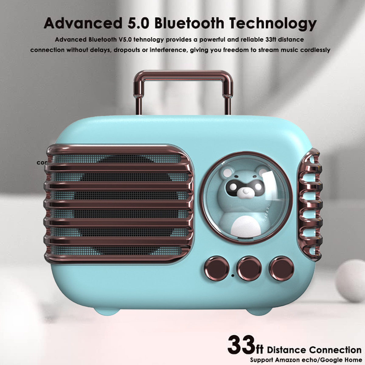 Ein blauer Lautsprecher im Retro-Stil mit einem Waschbären in der Mitte und Knöpfen.