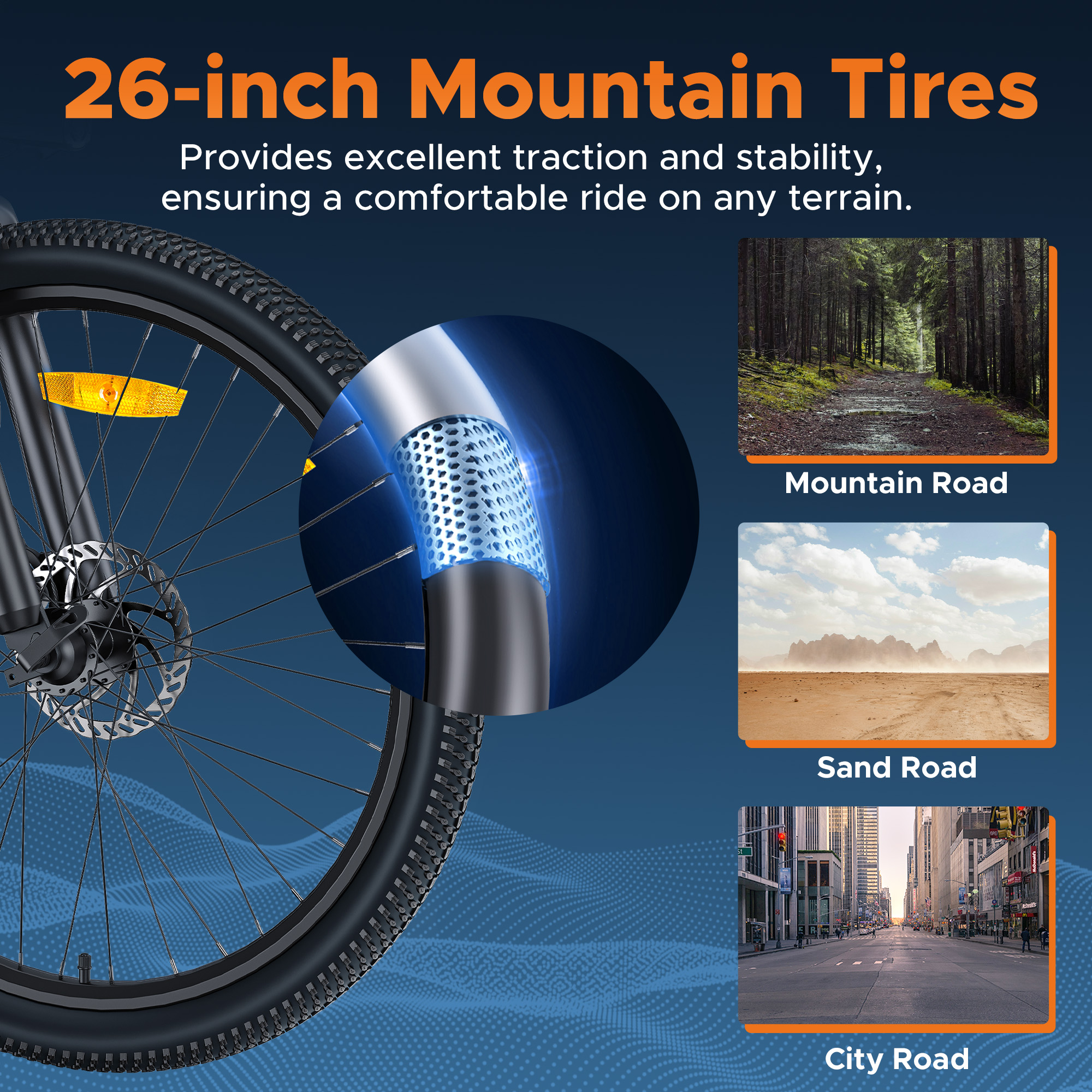 Czarna opona do roweru górskiego ze zbliżeniem na obręcz i trzema obrazami dróg w tle.