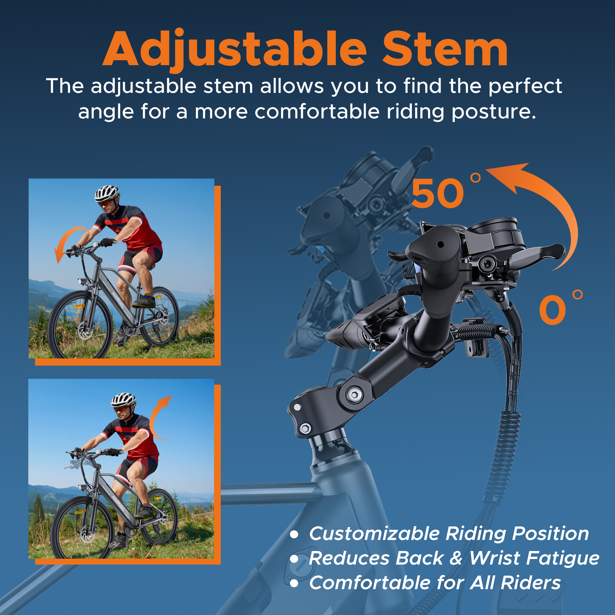 Diagram pokazujący regulowany wspornik kierownicy roweru. Pokazano dwóch rowerzystów w różnych pozycjach.