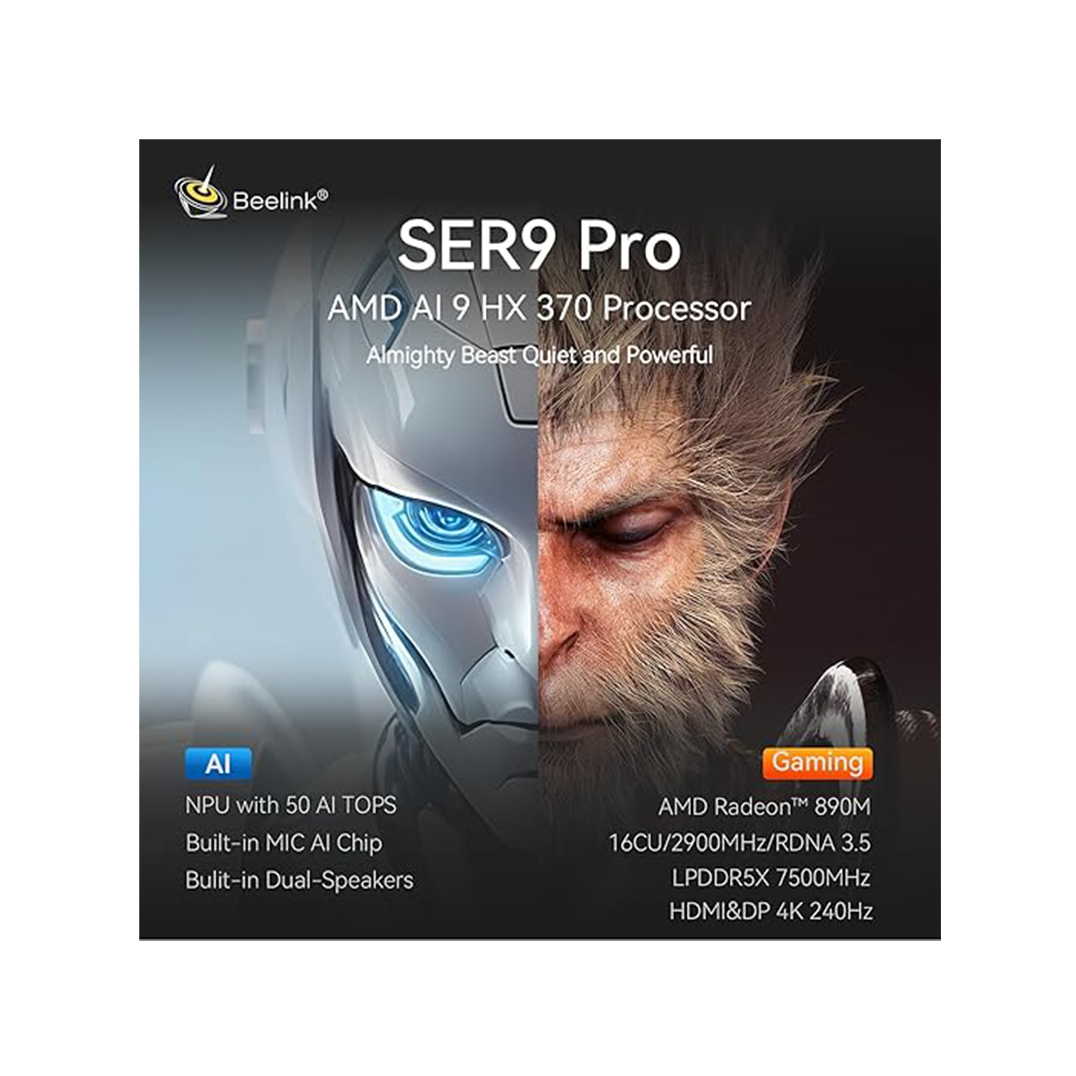 PC SER9 Pro ma grafikę podzielonej twarzy z tekstem opisującym procesor i funkcje.