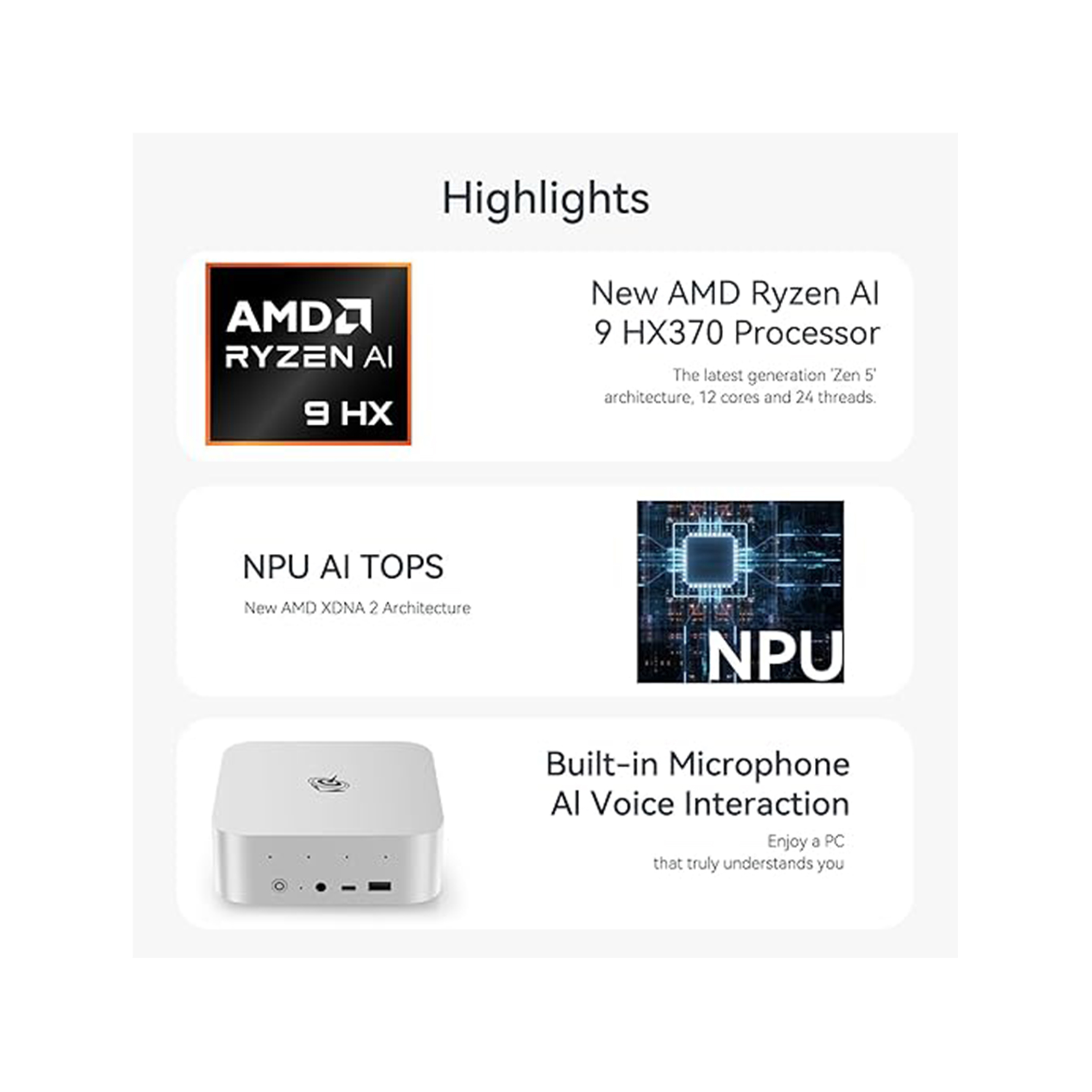 Trzy wyróżnione sekcje z tekstem. Zawiera: AMD Ryzen AI 9 HX Processor, NPU AI TOPS i wbudowany mikrofon.