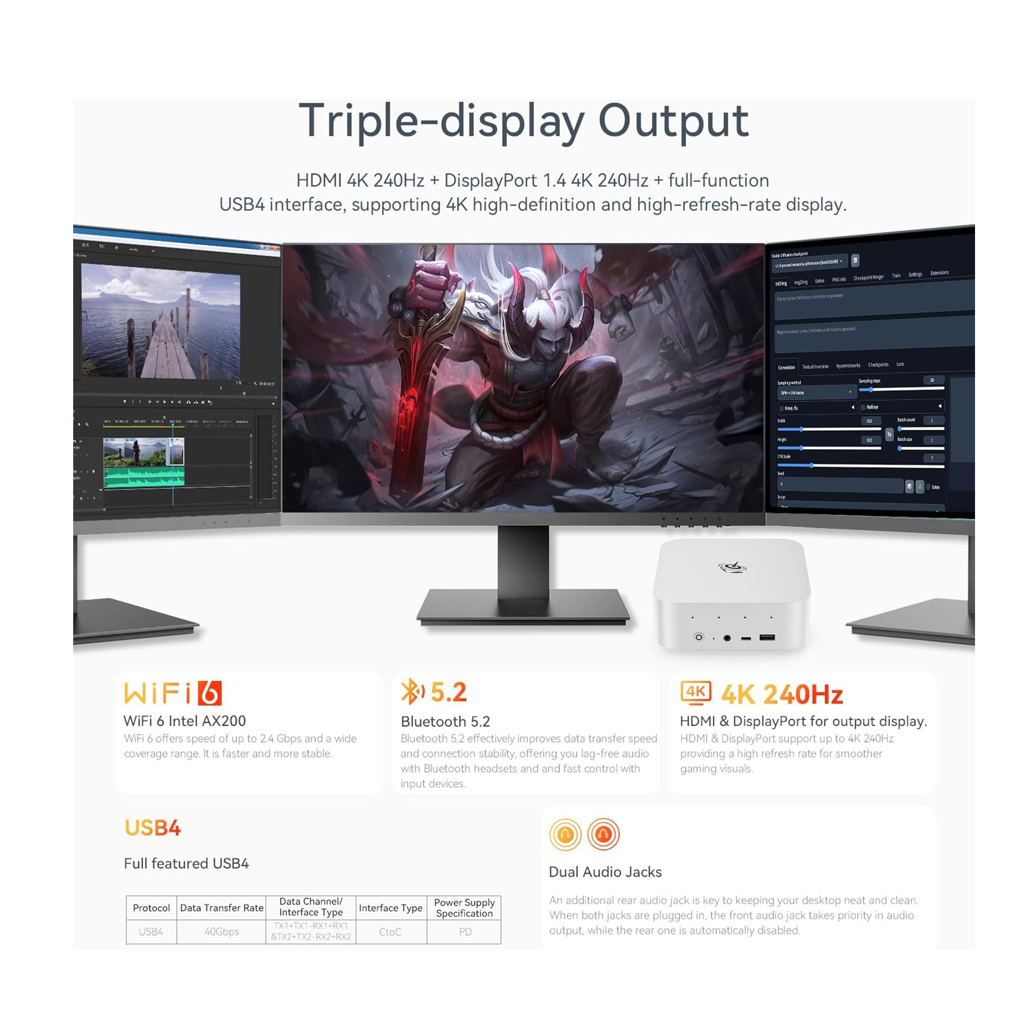 Grafika wyjścia z potrójnym wyświetlaczem. Pokazuje konfigurację pulpitu z trzema monitorami i specyfikacjami transferu danych.