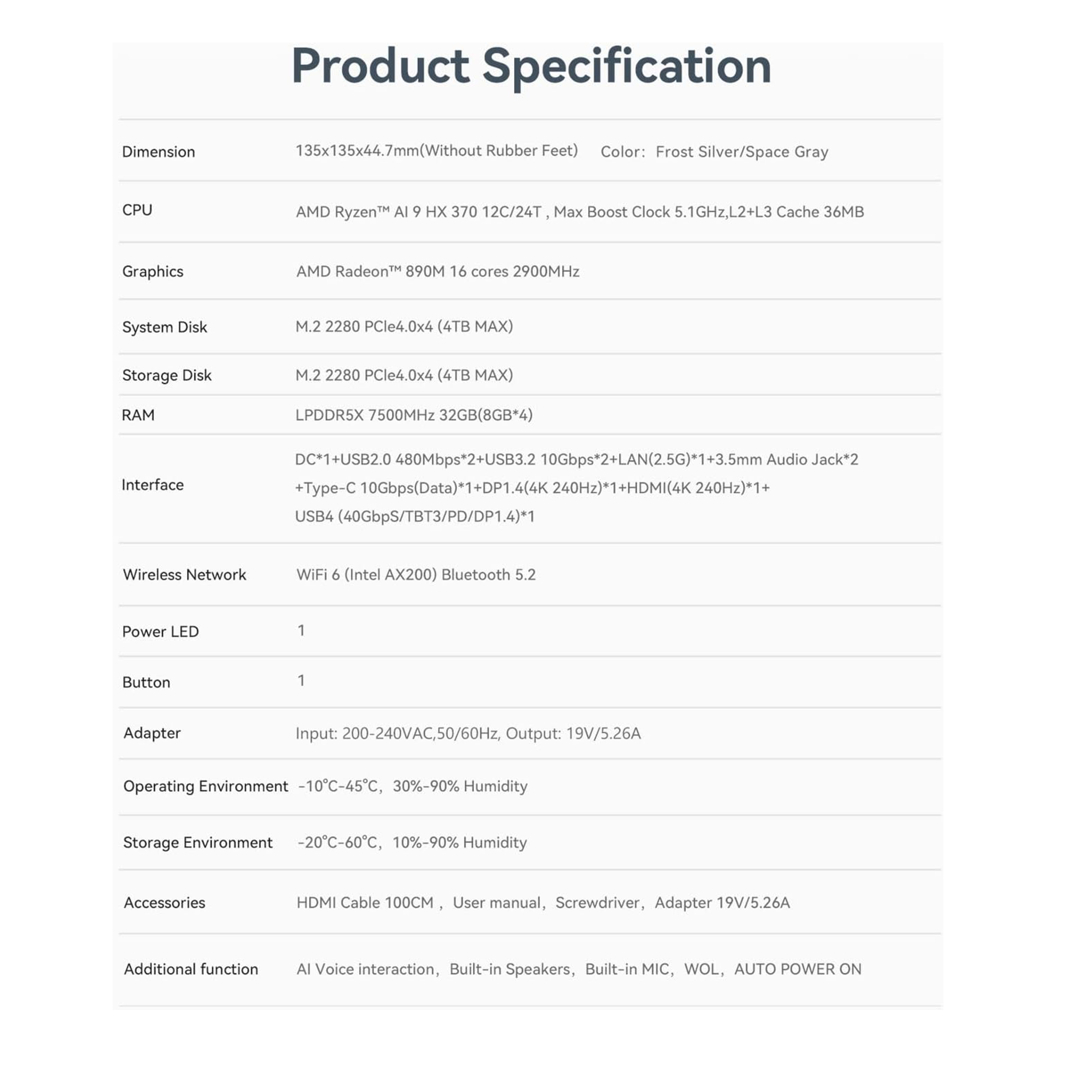 Specyfikacje produktu z wymiarami, procesorem, grafiką, pamięcią, RAM, interfejsem i szczegółami technicznymi.