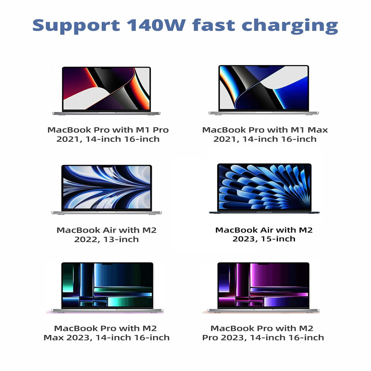 Eine Sammlung von MacBooks mit Beschreibungen: MacBook Pro mit M1 Pro/Max, MacBook Air mit M2. Der Text lautet Support 140W Fast Charging.