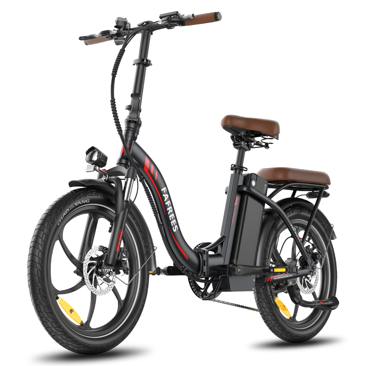 Schwarzes elektrisches Klapprad mit braunem Sitz, schwarzen Reifen und roten Streifen, weißer Hintergrund.