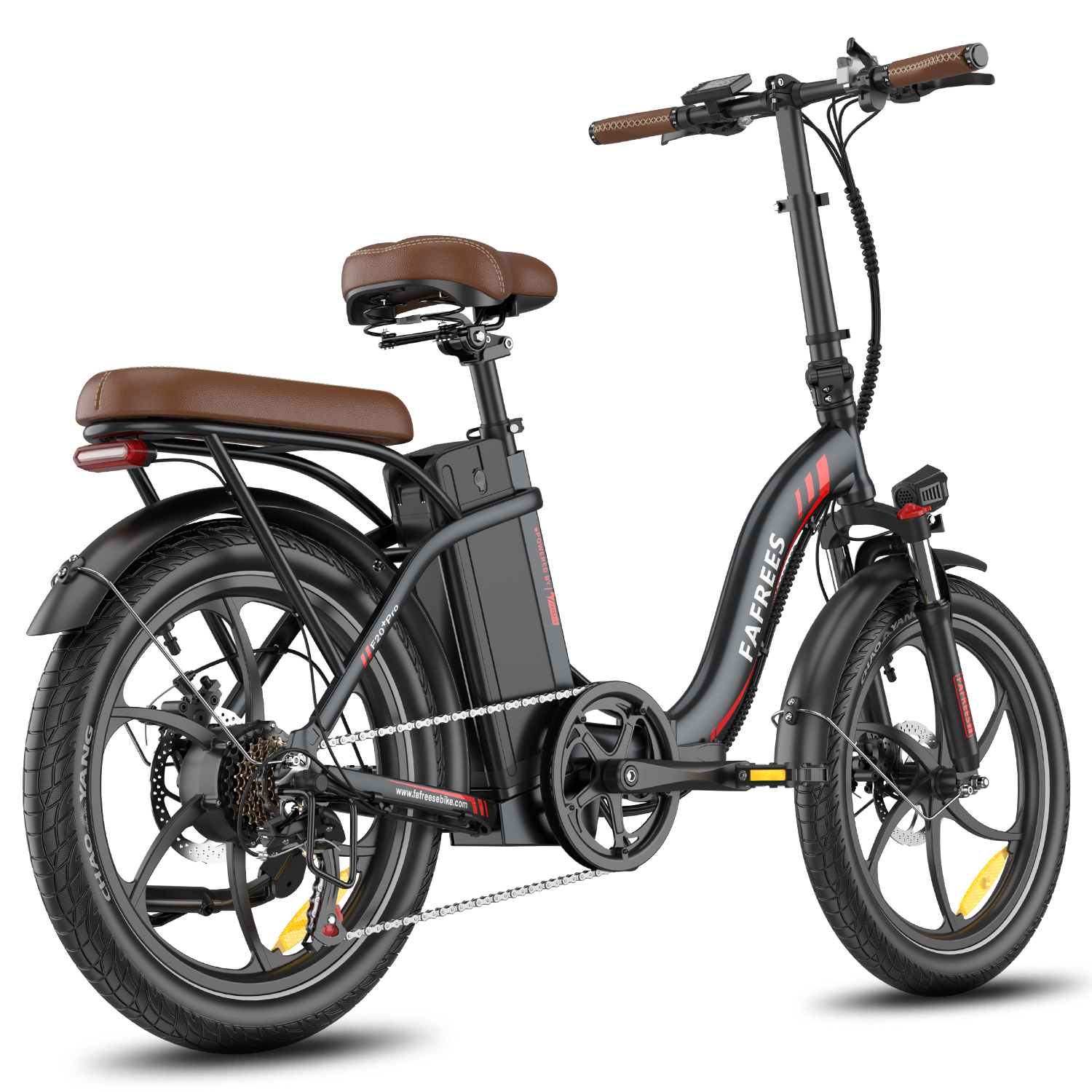 Schwarz-rotes Elektrofahrrad. Brauner Sitz und Lenker. FAFREES Logo an der Seite.