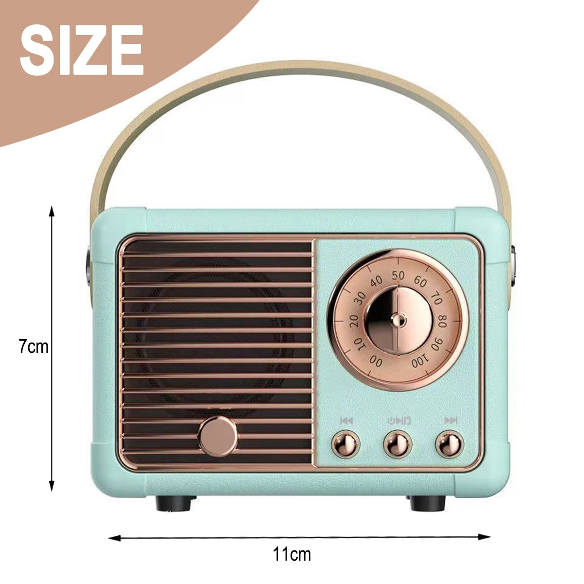 Retro-Radio in Mintgrün mit Griff, Drehregler und Knöpfen. Abmessungen: 7x11cm.