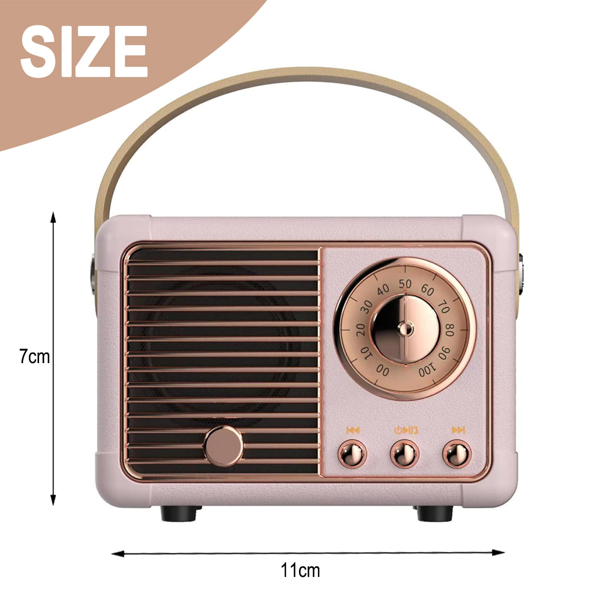 Rosa Vintage-Radio mit Abmessungen und Griff, vor weißem Hintergrund.