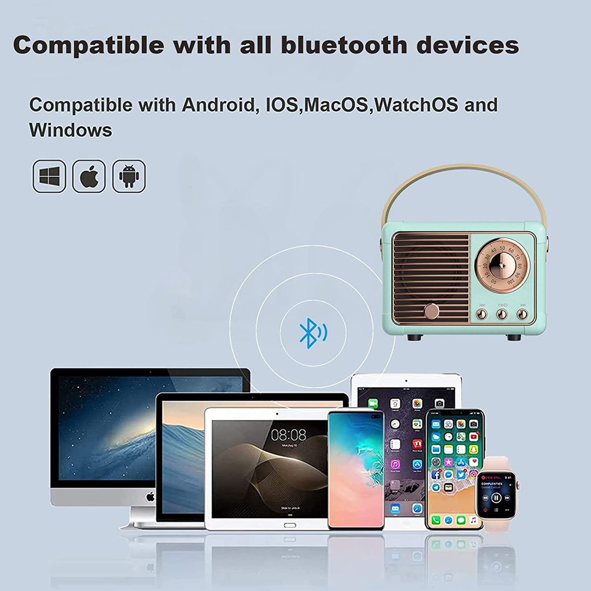 Bluetooth-Lautsprecher im Retro-Stil neben verschiedenen elektronischen Geräten.