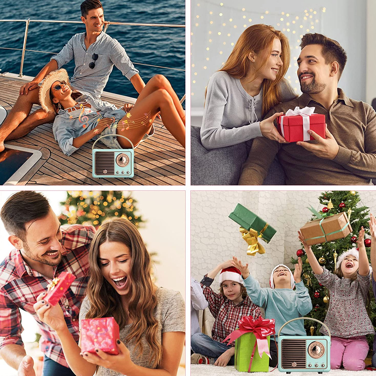 Vier Fotos, die Menschen beim Geschenkeaustausch und Feiern zeigen.
