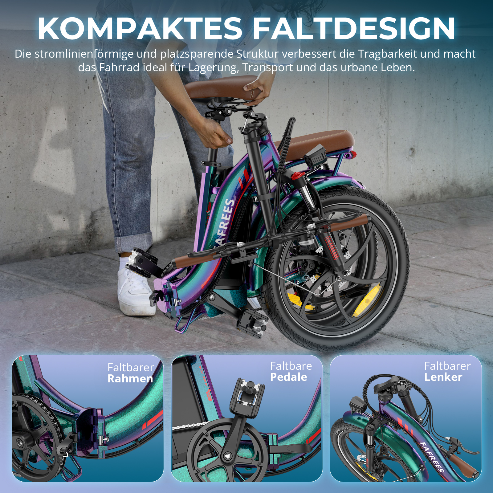 Ein Klappfahrrad, das gefaltete und ungefaltete Positionen sowie Nahaufnahmen von Teilen zeigt.