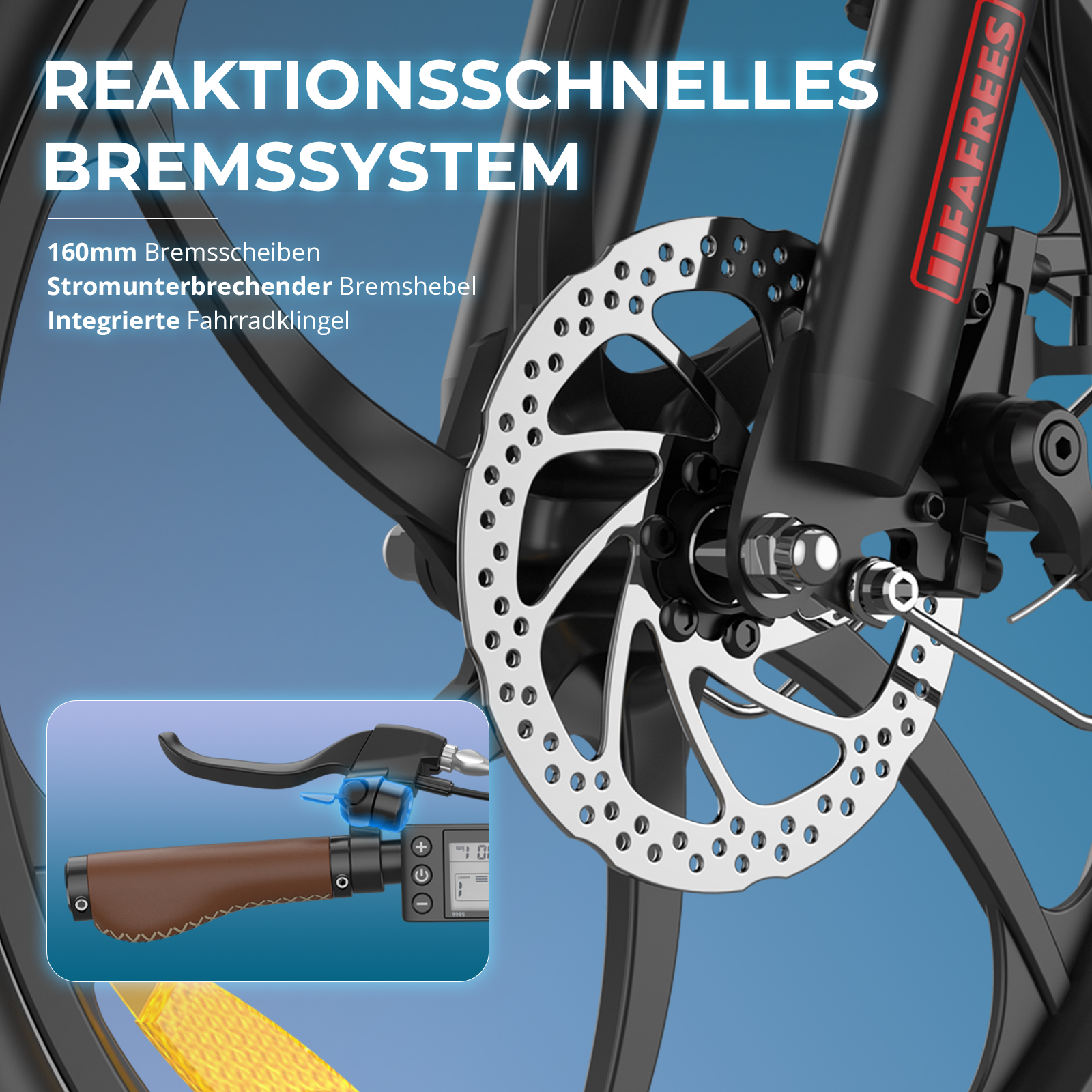 Nahaufnahme des Scheibenbremssystems eines Fahrrads. Zeigt Bremsscheibe, Hebel und andere Teile.