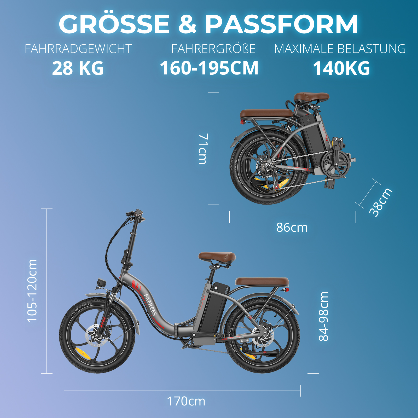 Diagramm von zwei Elektrofahrrädern mit Abmessungen. Eines ist zusammengeklappt. Text: Größe und Passform.