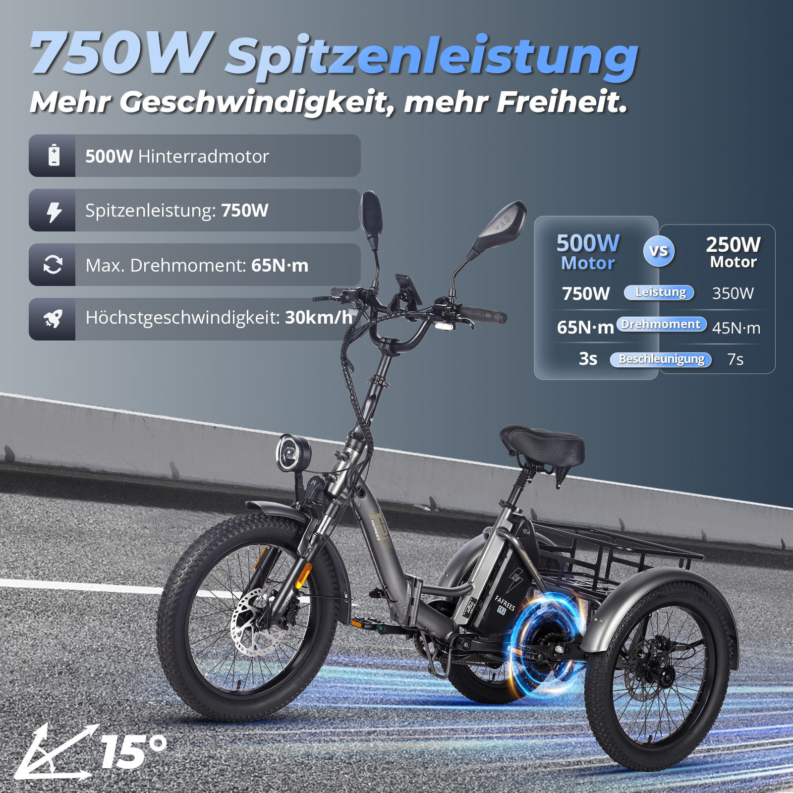 Graues Trike-E-Bike auf einer Straße. Text zeigt Merkmale: 750 W Leistung, 30 km/h Geschwindigkeit.