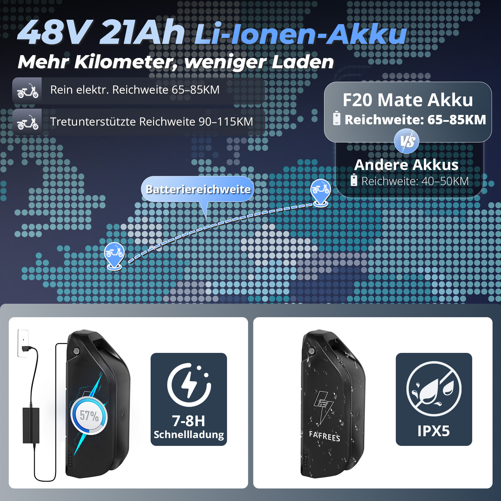 Batteriepack mit Text und Grafiken. Blauer Farbverlaufshintergrund. Zwei Batterien gezeigt.