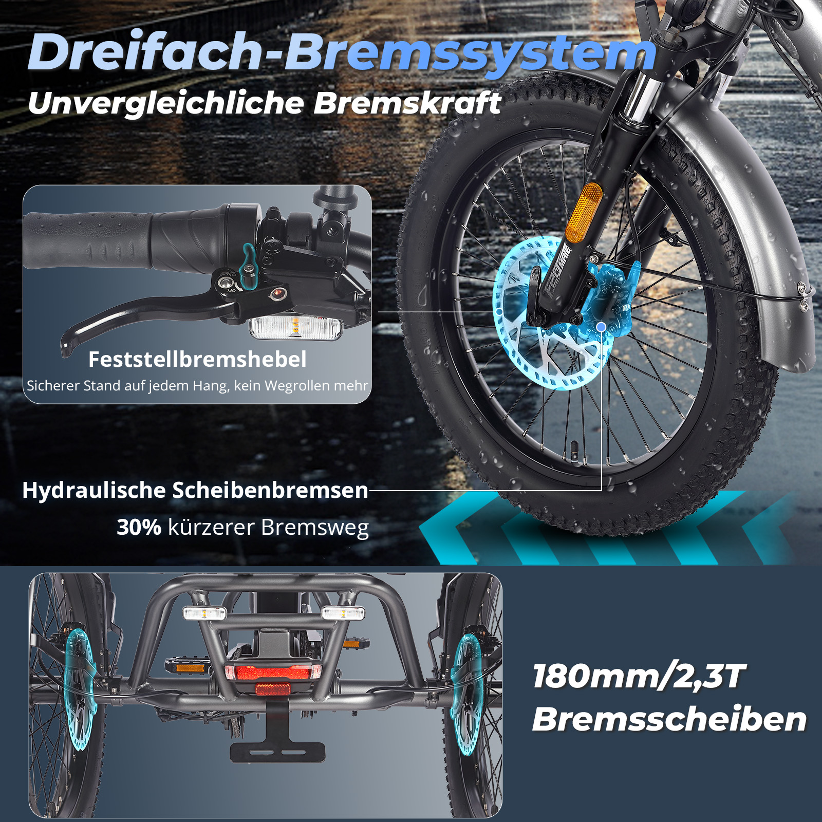 Detail eines Fahrradrads mit Scheibenbremsen und Text über Bremskraft und Bremsweg.