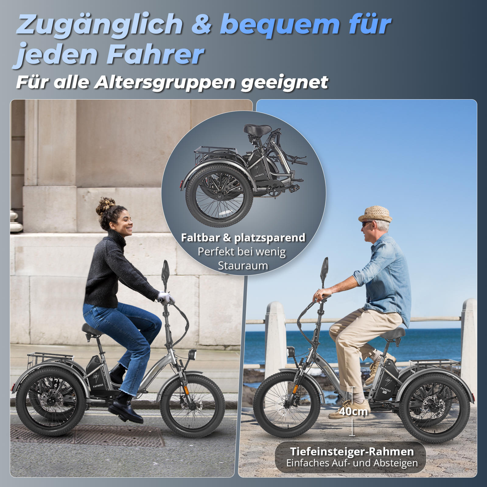 Zwei Personen auf Dreirädern an einem sonnigen Tag. Text zeigt Eignung für alle Altersgruppen.