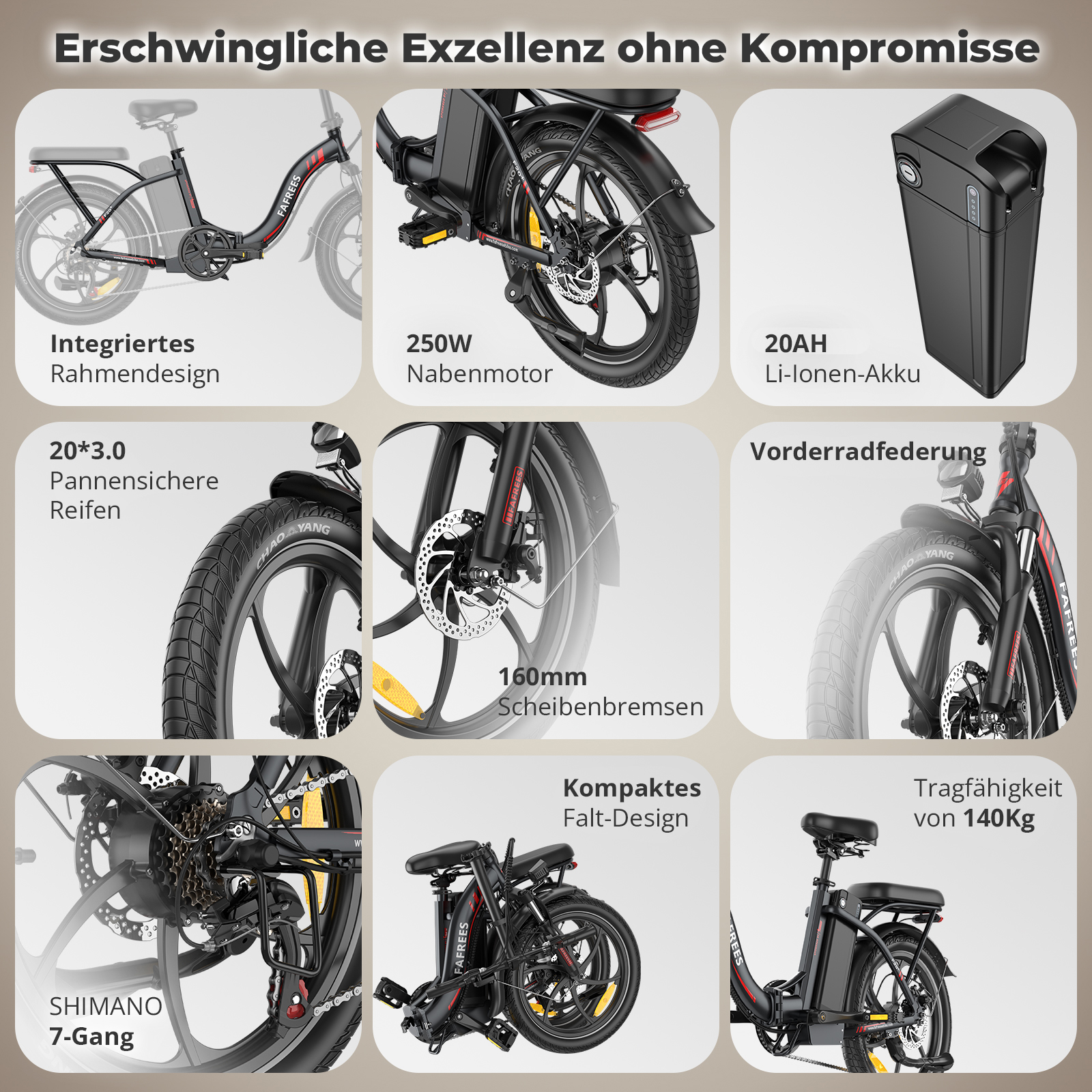Details eines faltbaren Elektrofahrrads. Text: Erschwingliche Exzellenz ohne Kompromisse.