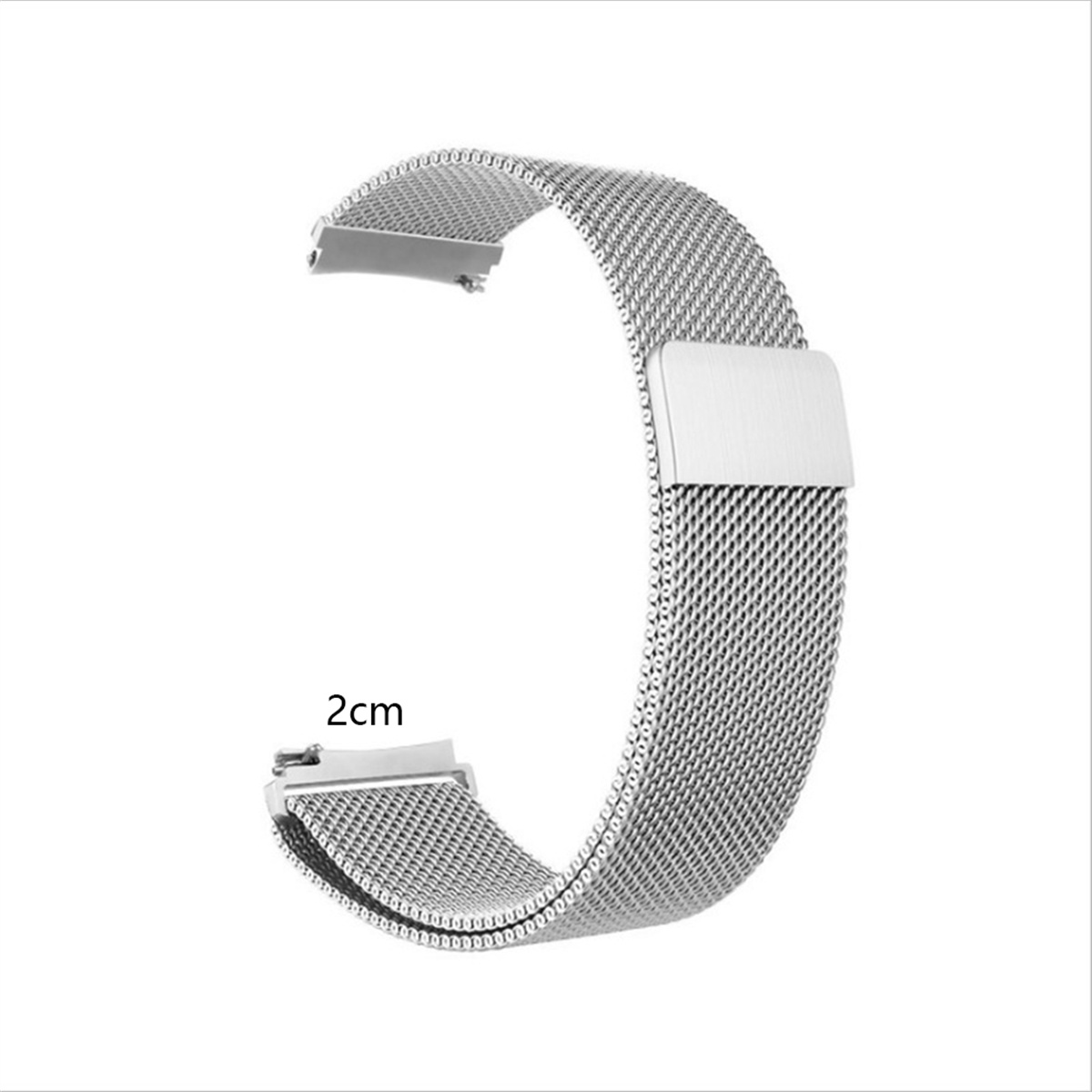 Ein silbernes Uhrenarmband mit Mesh-Design und einem Verschluss. Es hat eine 2cm Markierung an der Seite.