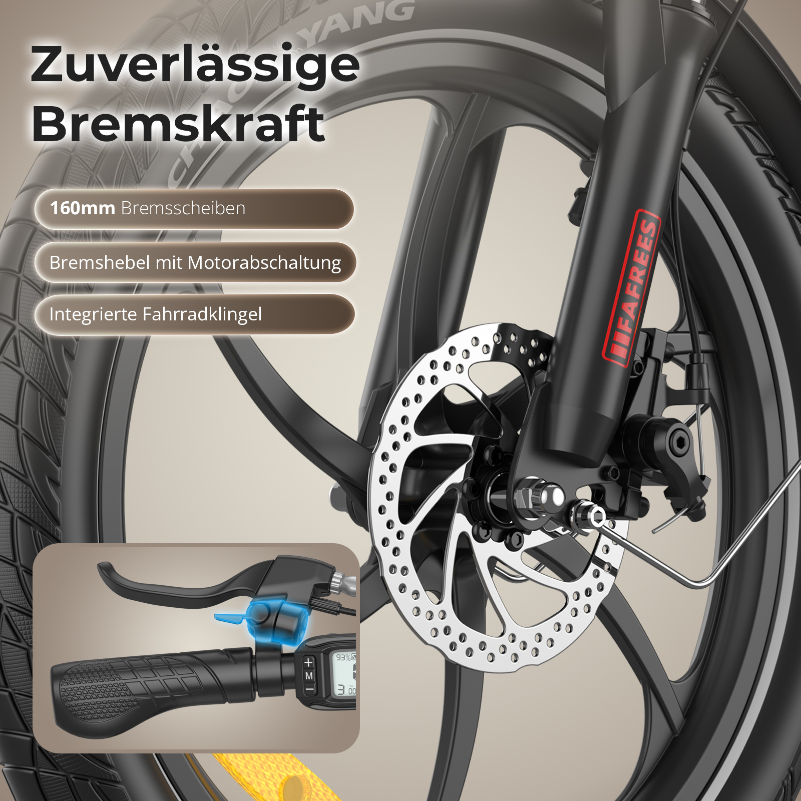 Fahrradrad mit Scheibenbremsen. Nahaufnahme des Bremshebels und der Scheibe. Schwarz und Silber.