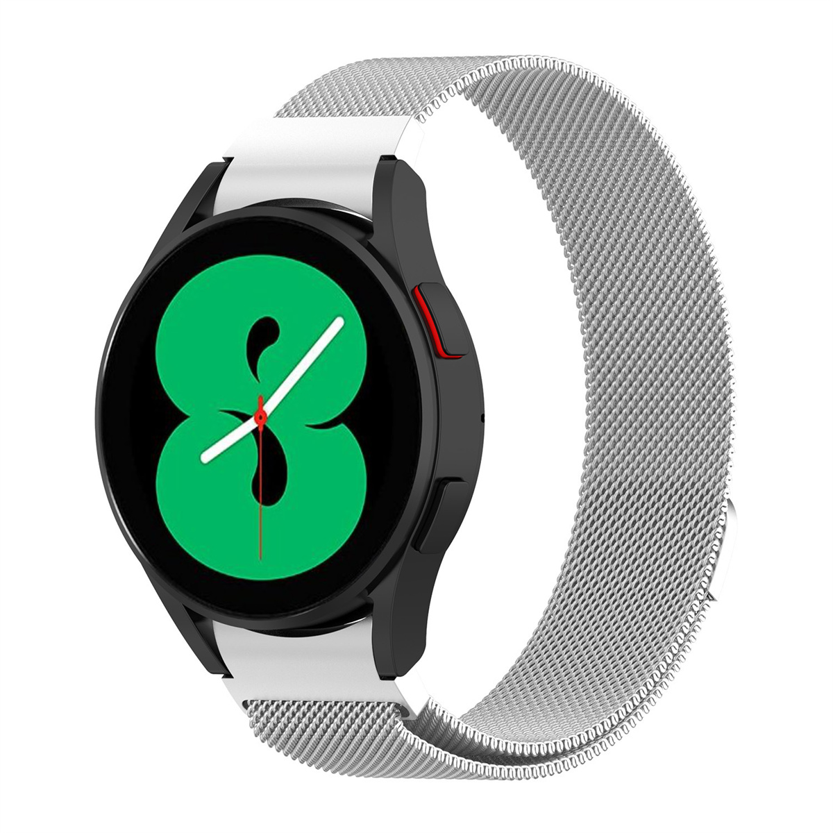 Eine schwarz-weiße Smartwatch mit grünem Display, das eine 8 und ein silbernes Armband zeigt.