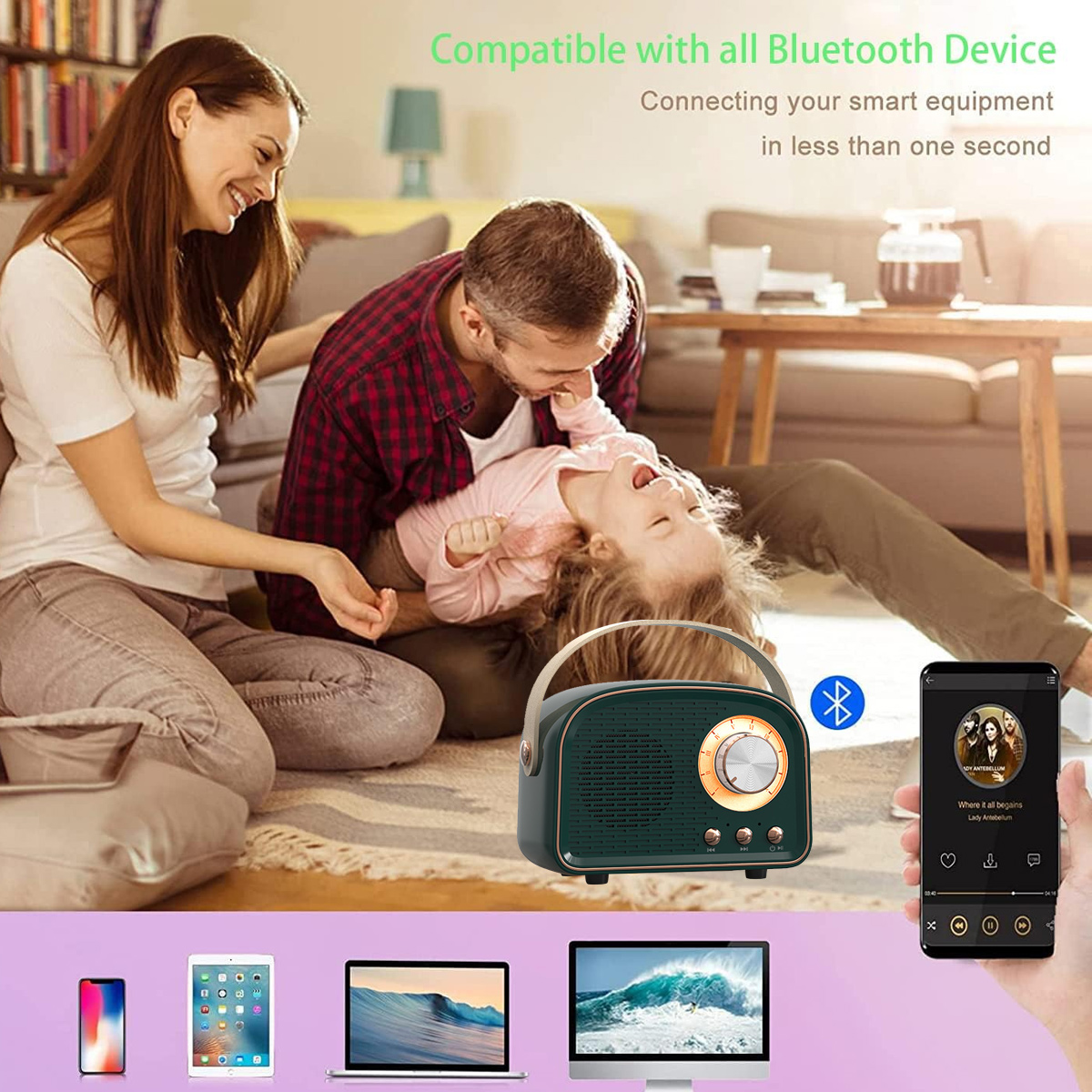Eine Familie hört Radio. Ein Smartphone spielt Musik. Verschiedene Geräte sind sichtbar.