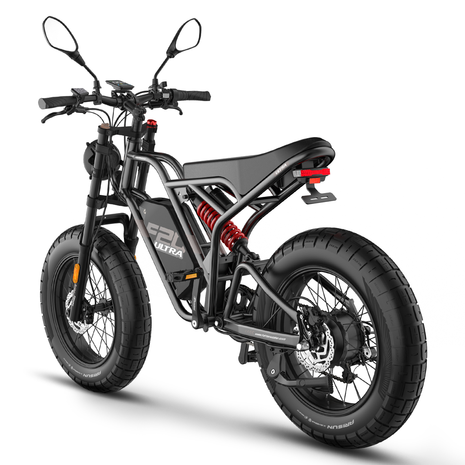 Motocicleta eléctrica negra con amortiguador rojo. Las ruedas son grandes, el fondo es blanco.