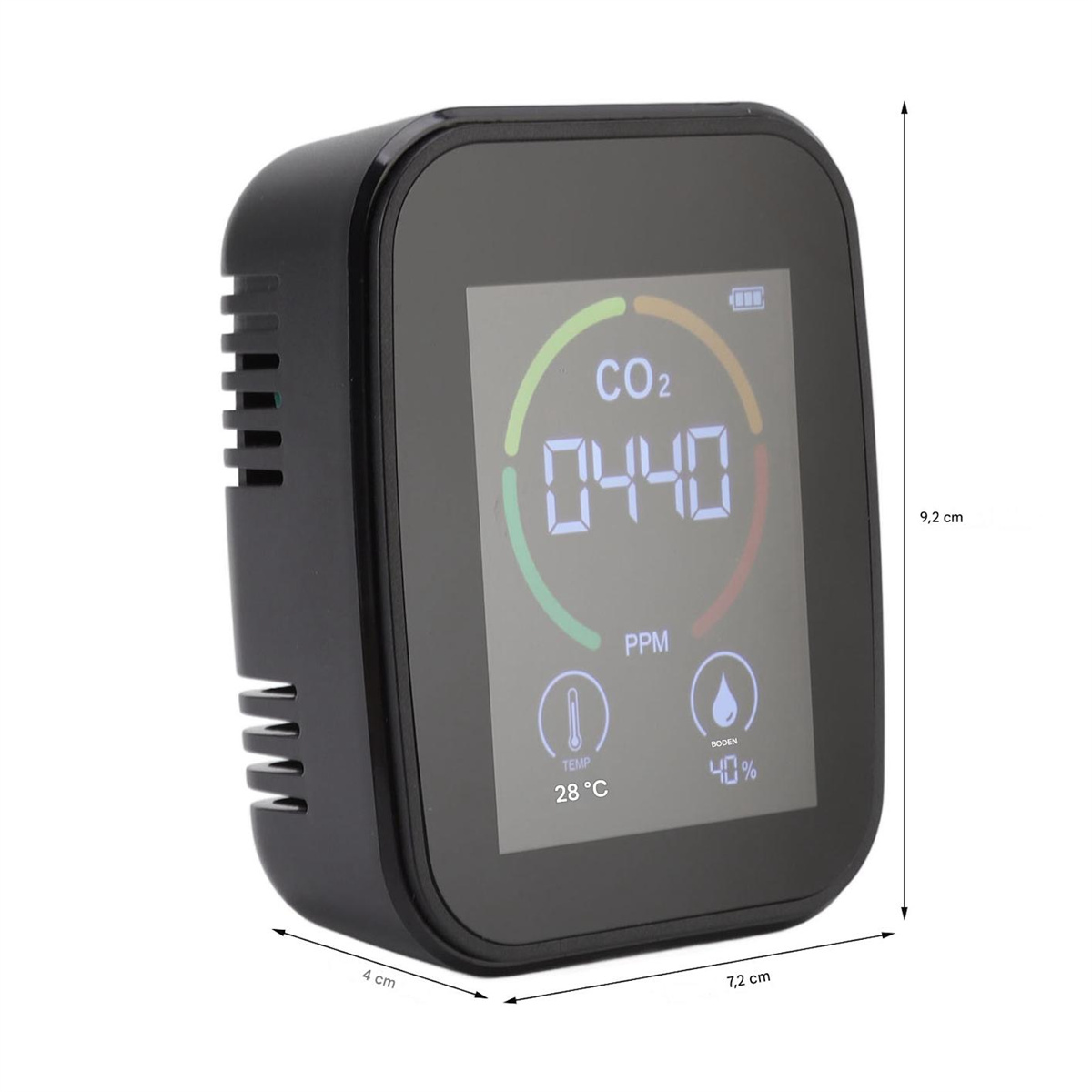 Schwarzer Luftqualitätsmonitor mit CO2-, Temperatur- und Feuchtigkeitsanzeige.