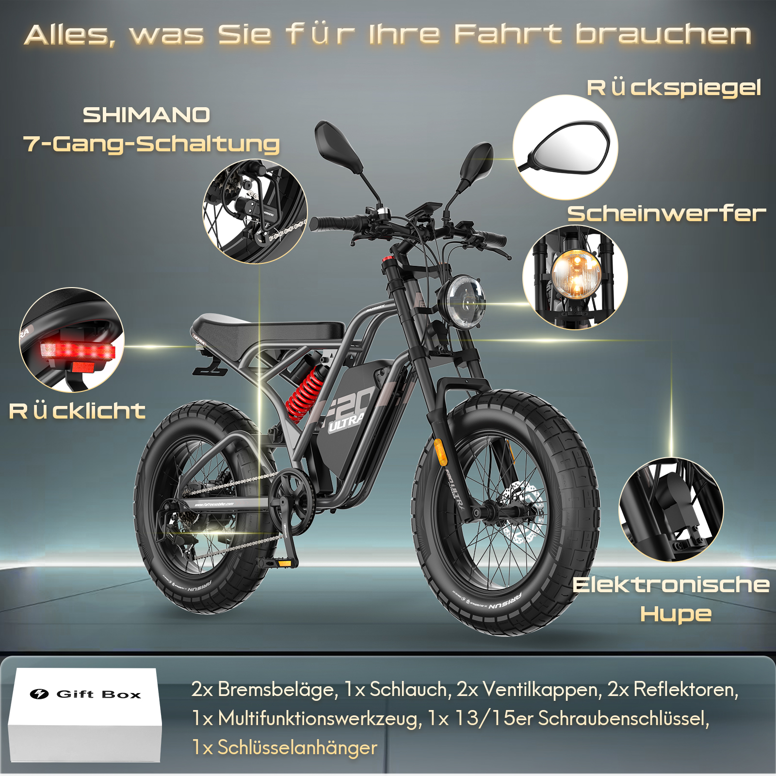 Schwarzes Elektrofahrrad mit beschrifteten Teilen: Shimano-Gänge, Spiegel, Scheinwerfer, Rücklicht und Hupe.