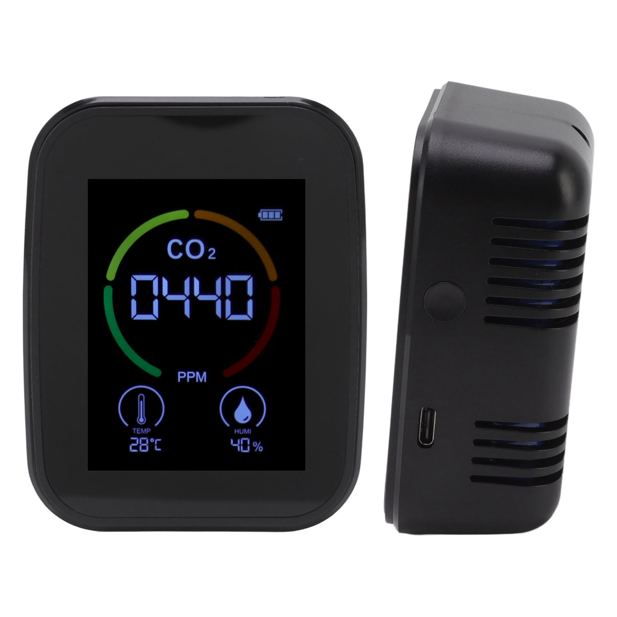 Zwei Ansichten eines schwarzen CO2-Monitors. Das Display zeigt CO2-Werte, Temperatur- und Feuchtigkeitsmessungen.