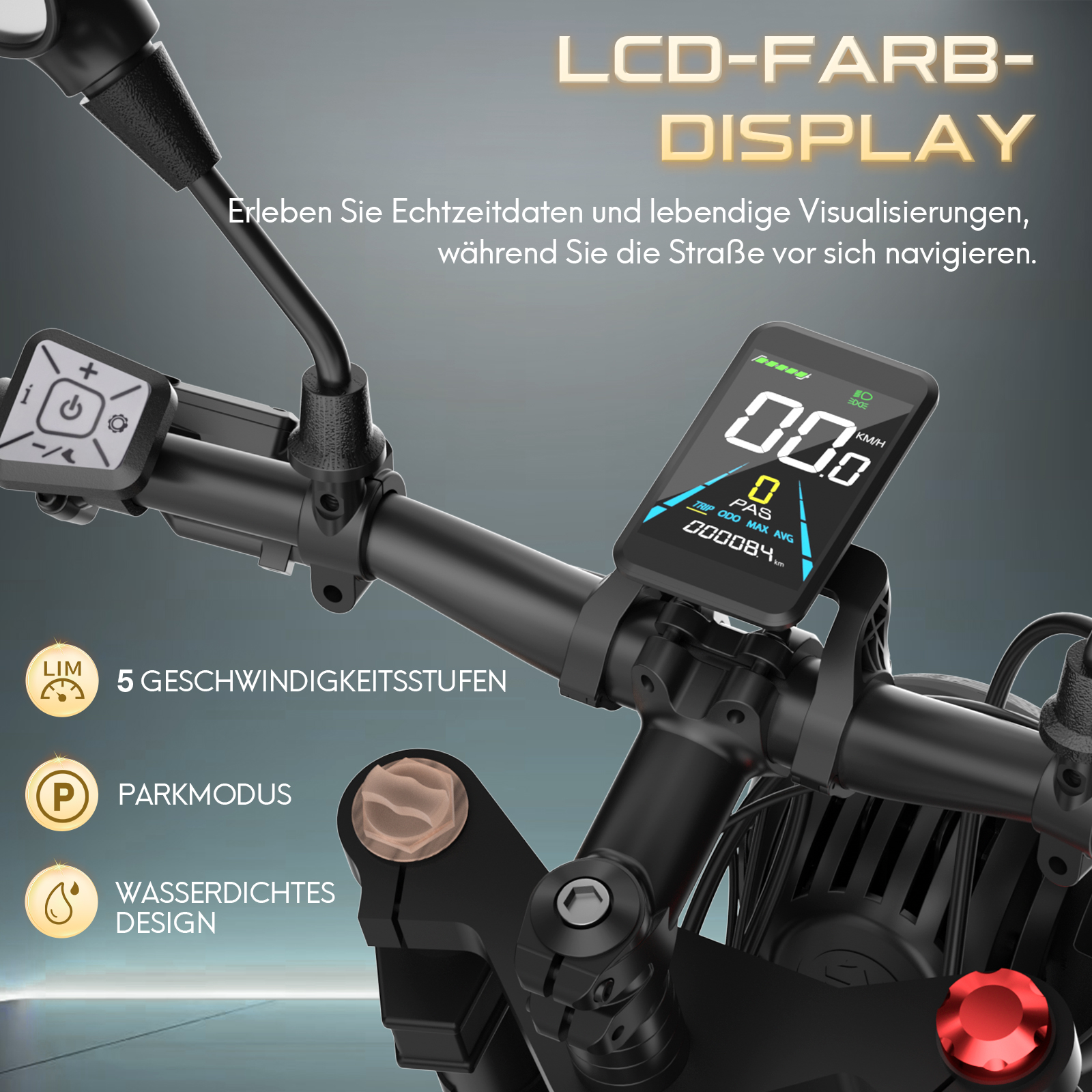 Motorraddashboard mit Geschwindigkeitsanzeige. Es hat Knöpfe und Symbole für Funktionen wie Licht, Modus und wasserdichtes Design.