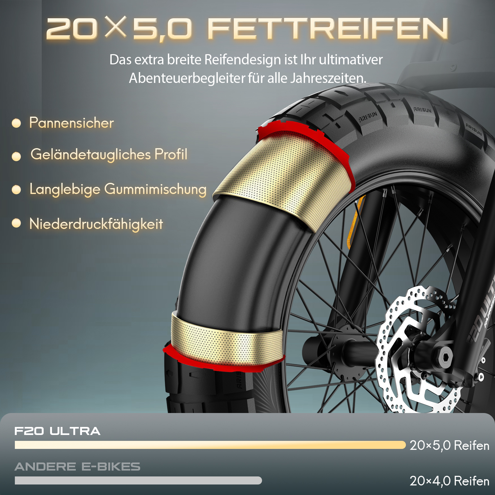 Nahaufnahme eines Fahrradreifens der Größe 20x5.0. Schwarzer Reifen mit Goldschutz. Texte auf Deutsch.