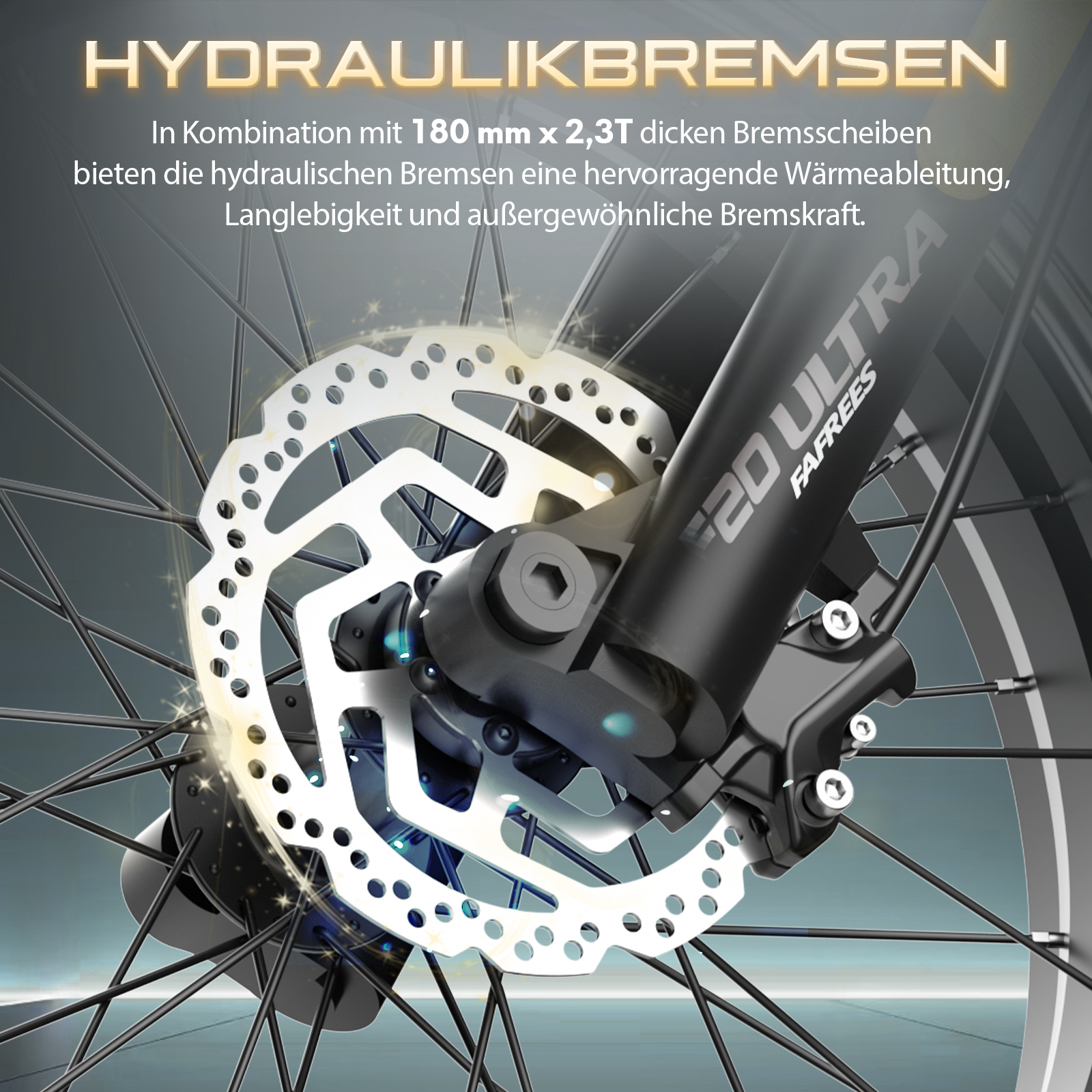 Nahaufnahme einer Fahrradscheibenbremse mit Text über das Bremssystem.