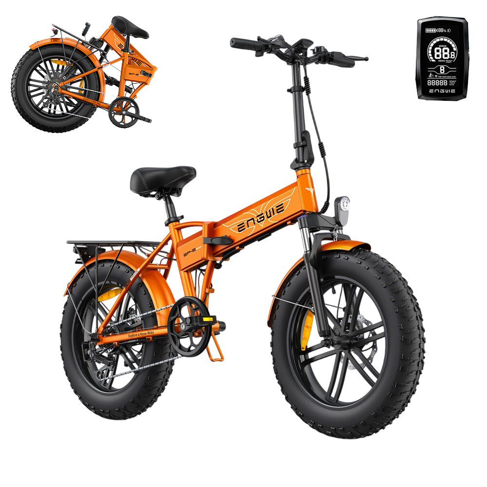 Ein orangefarbenes Elektrofahrrad mit breiten Reifen. Weißer Hintergrund.
