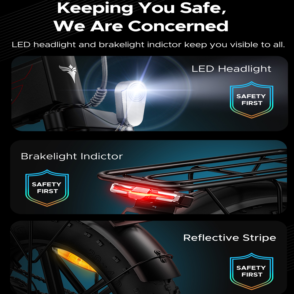 Fahrradkomponentendetail mit LED-Scheinwerfer, Bremslicht und reflektierendem Streifen.